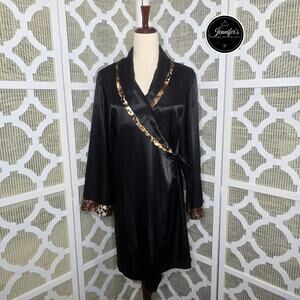 Chanteuse Solid Black Satin with Animal Print Accent Mid-Length Robe Size M